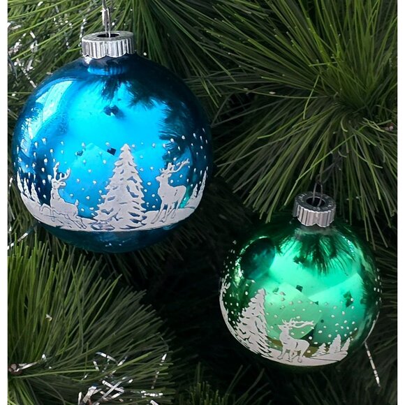 2 VTG Shiny Brite Deer Christmas Tree Ornament Stencil Green Blue Glass Snow MCM - Picture 14 of 14
